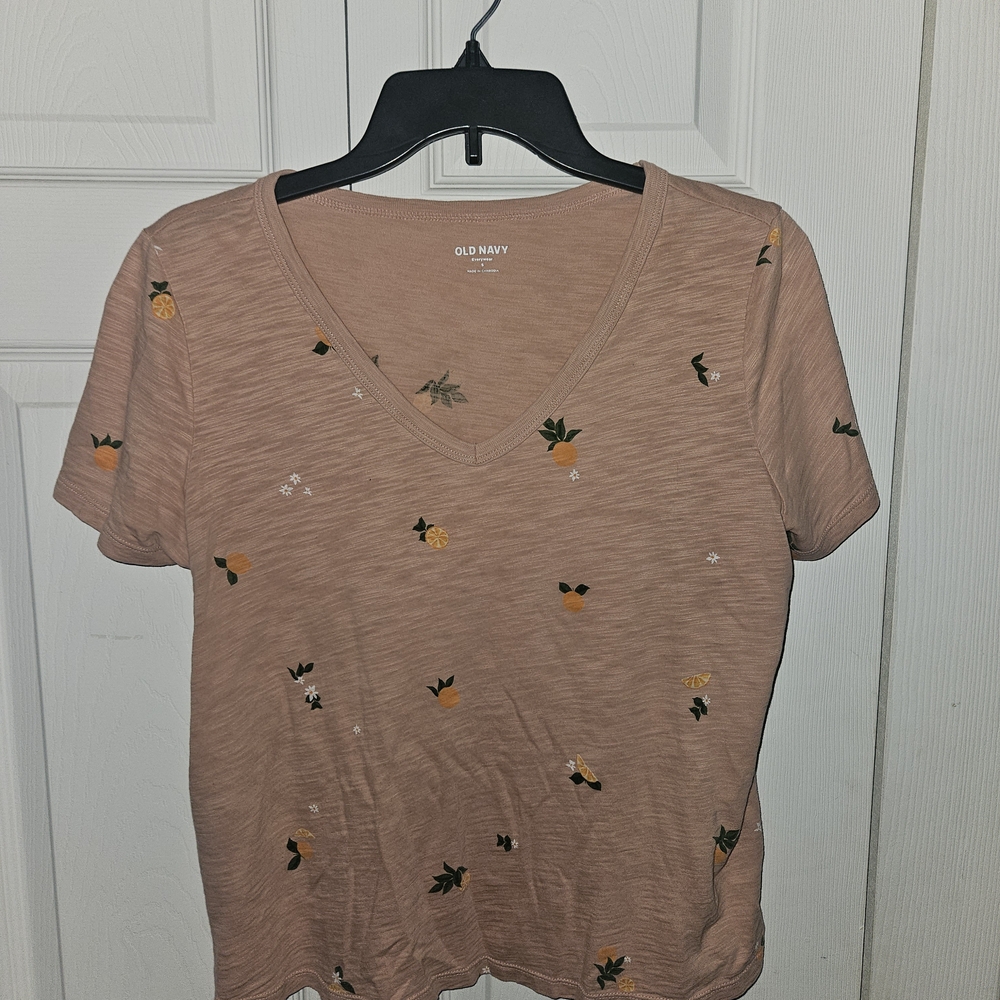 Old Navy V-Neck Short Sleeve Top - Dusty Rose with Orange Motif
